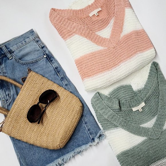 🔥LAST SALE🔥 Women's Short Sleeve Striped Open Knit Sweater Top (PEACH/WHT) - Picture 5 of 5